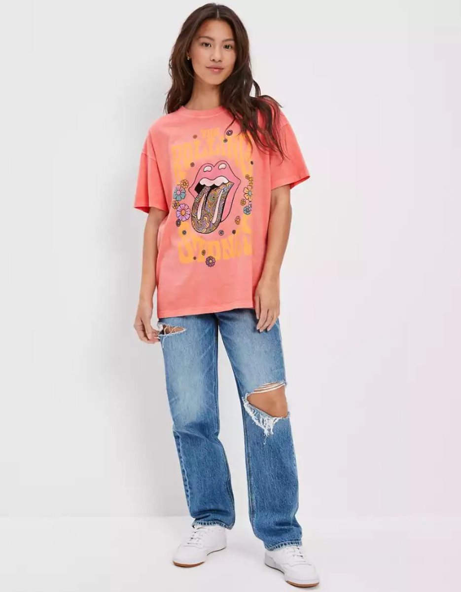 T Shirts American Eagle AE Oversized Rolling Stones Graphique Tee Corail Femme | GIO-72148594